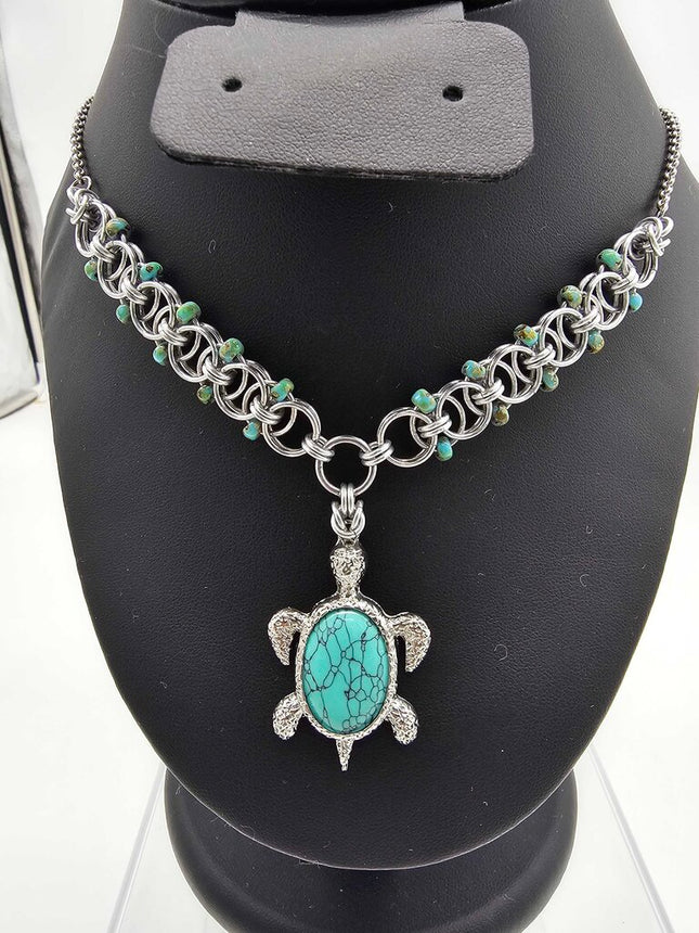Dyed Turquoise Turtle with Silver Beaded Helm Weave Necklace 16 inches