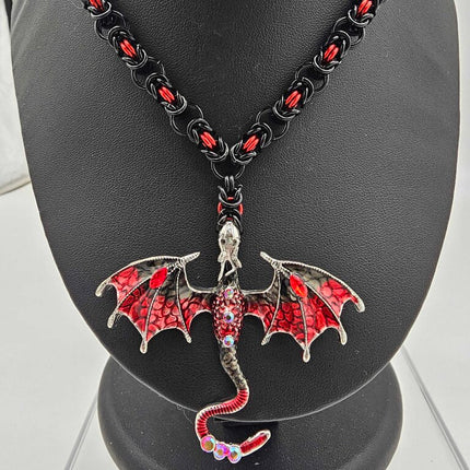 Black and Red Dragon with Black and Red Byzantine Weave Necklace - 16- 18 inches