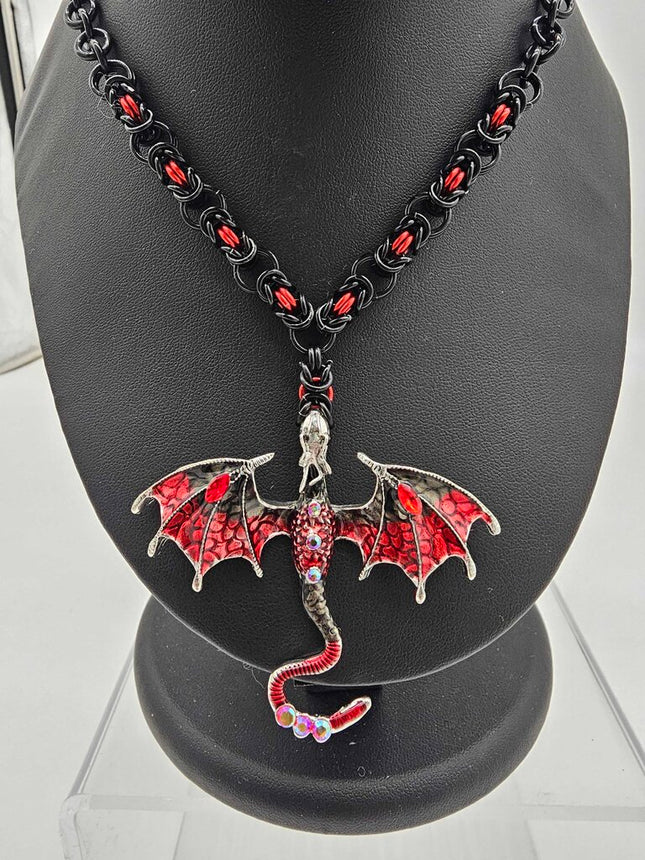 Black and Red Dragon with Black and Red Byzantine Weave Necklace - 16- 18 inches