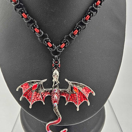 Black and Red Dragon with Black and Red Byzantine Weave Necklace - 16- 18 inches