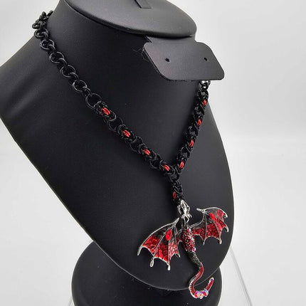 Black and Red Dragon with Black and Red Byzantine Weave Necklace - 16- 18 inches