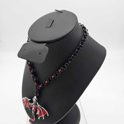 Black and Red Dragon with Black and Red Byzantine Weave Necklace - 16- 18 inches