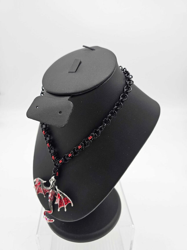 Black and Red Dragon with Black and Red Byzantine Weave Necklace - 16- 18 inches