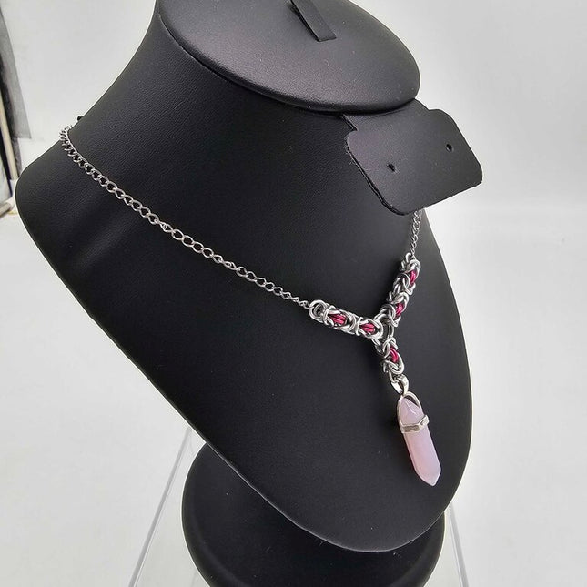 Rose Quartz Bullet Crystal with Silver and Pink Byzantine Links Necklace 16-18 inches