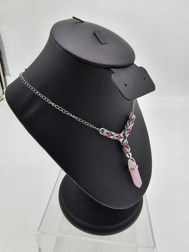 Rose Quartz Bullet Crystal with Silver and Pink Byzantine Links Necklace 16-18 inches