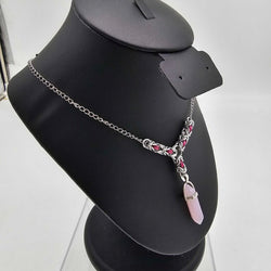 Rose Quartz Bullet Crystal with Silver and Pink Byzantine Links Necklace 16-18 inches - view 2