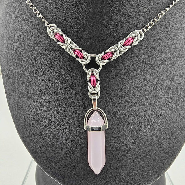 Rose Quartz Bullet Crystal with Silver and Pink Byzantine Links Necklace 16-18 inches