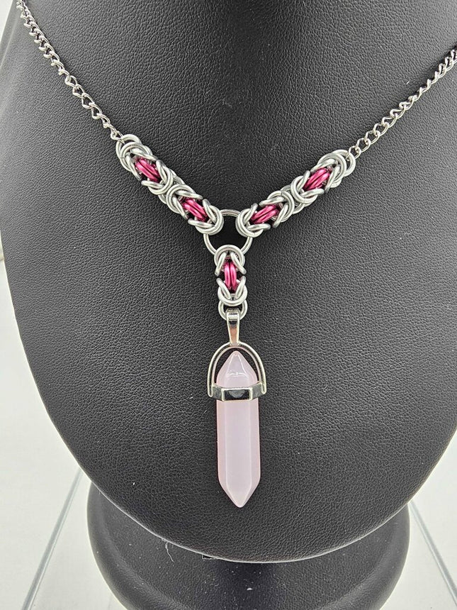 Rose Quartz Bullet Crystal with Silver and Pink Byzantine Links Necklace 16-18 inches