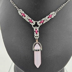 Rose Quartz Bullet Crystal with Silver and Pink Byzantine Links Necklace 16-18 inches - view 1
