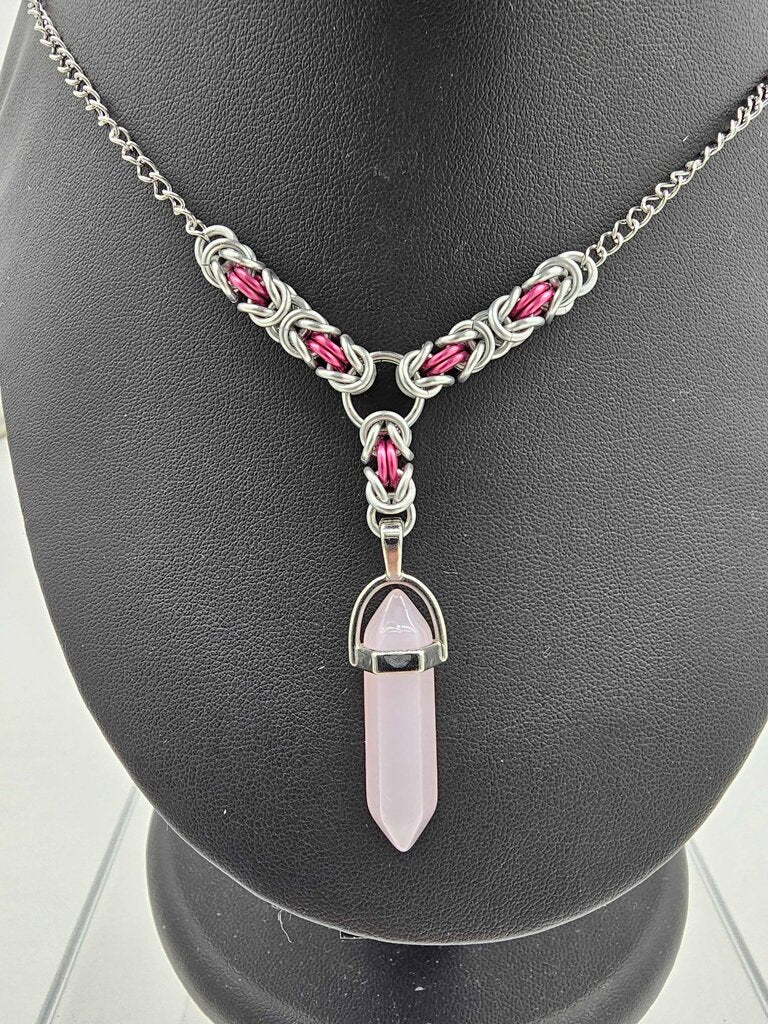 Rose Quartz Bullet Crystal with Silver and Pink Byzantine Links Necklace 16-18 inches