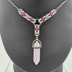 Rose Quartz Bullet Crystal with Silver and Pink Byzantine Links Necklace 16-18 inches - view 3