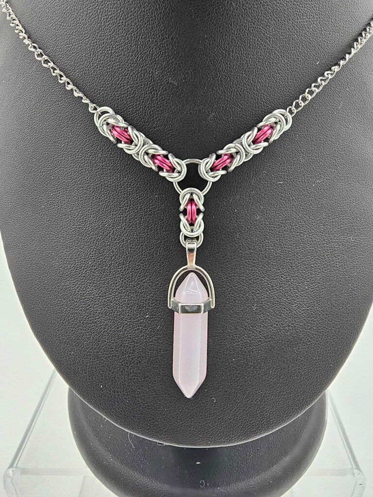 Rose Quartz Bullet Crystal with Silver and Pink Byzantine Links Necklace 16-18 inches