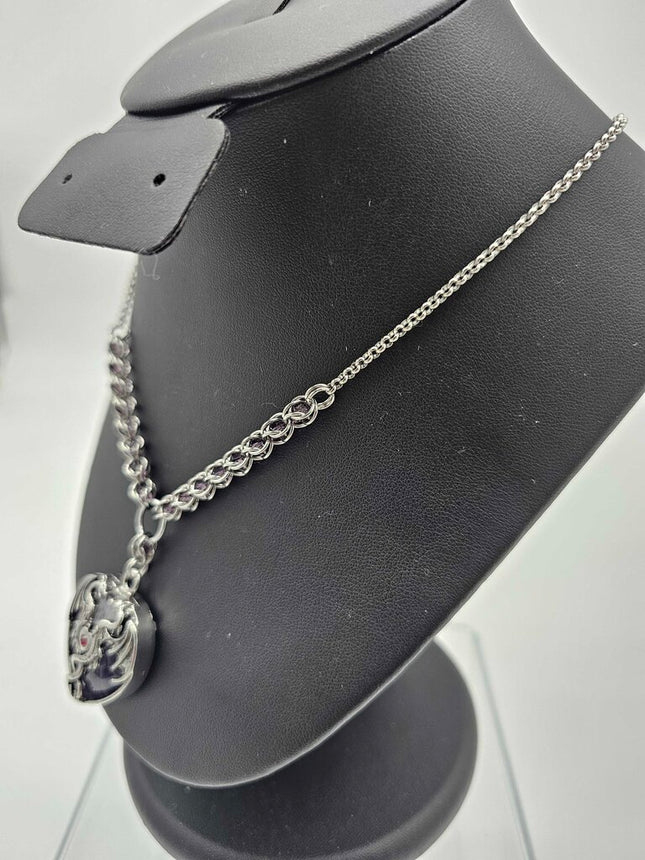 Amethyst Dragon Heart with Captured Purple Crystal Bead Necklace Stainless Steel