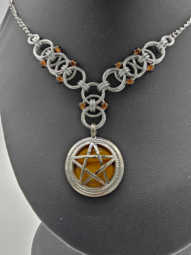 Tiger's Eye Pentacle with Beaded Helm Weave on Stainless Steel Chain 16-18 inches