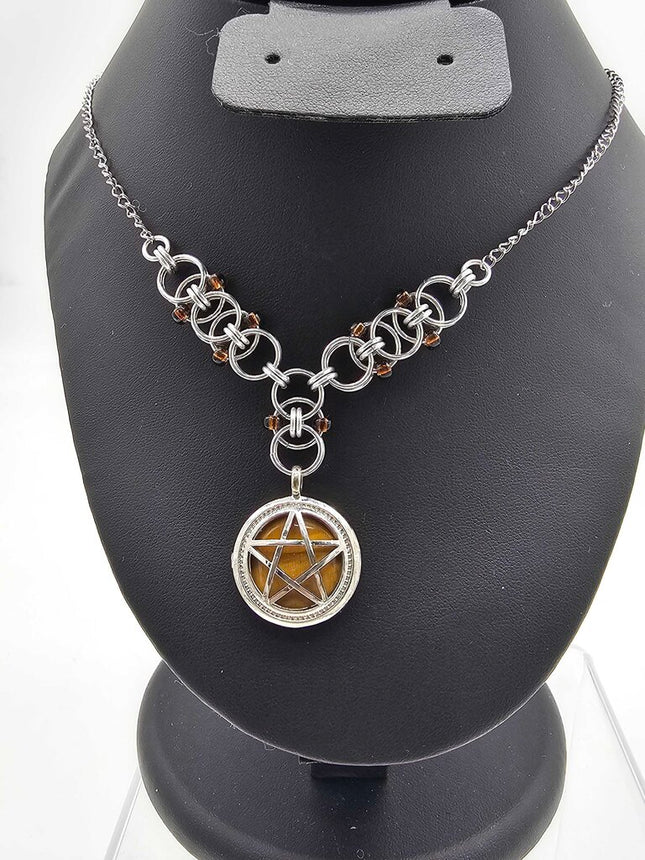 Tiger's Eye Pentacle with Beaded Helm Weave on Stainless Steel Chain 16-18 inches