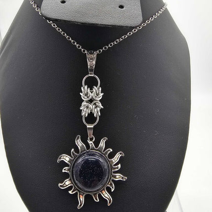 Blue Sandstone Sun with silver double Byzantine focal, 18 inch Stainless Steel Chain