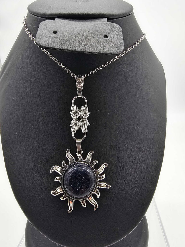Blue Sandstone Sun with silver double Byzantine focal, 18 inch Stainless Steel Chain
