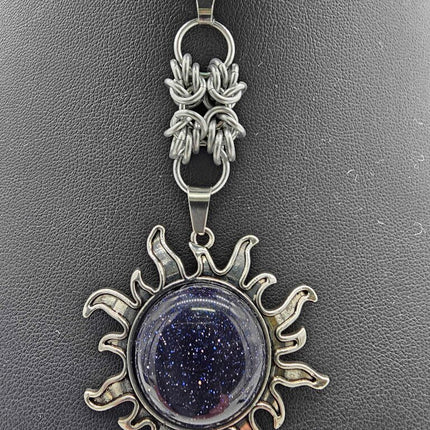 Blue Sandstone Sun with silver double Byzantine focal, 18 inch Stainless Steel Chain