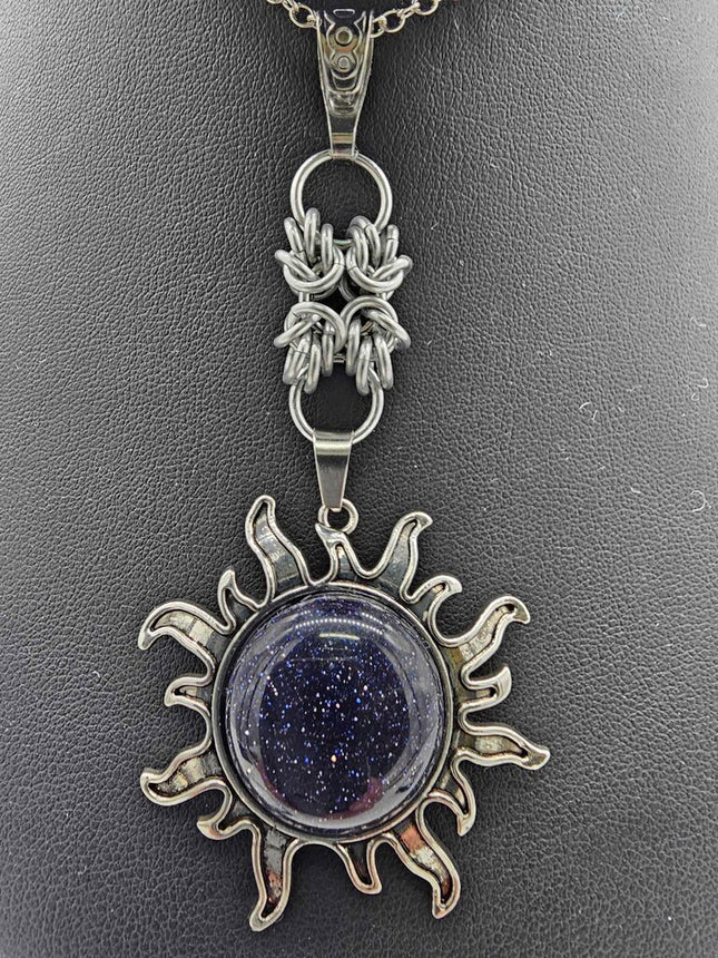 Blue Sandstone Sun with silver double Byzantine focal, 18 inch Stainless Steel Chain