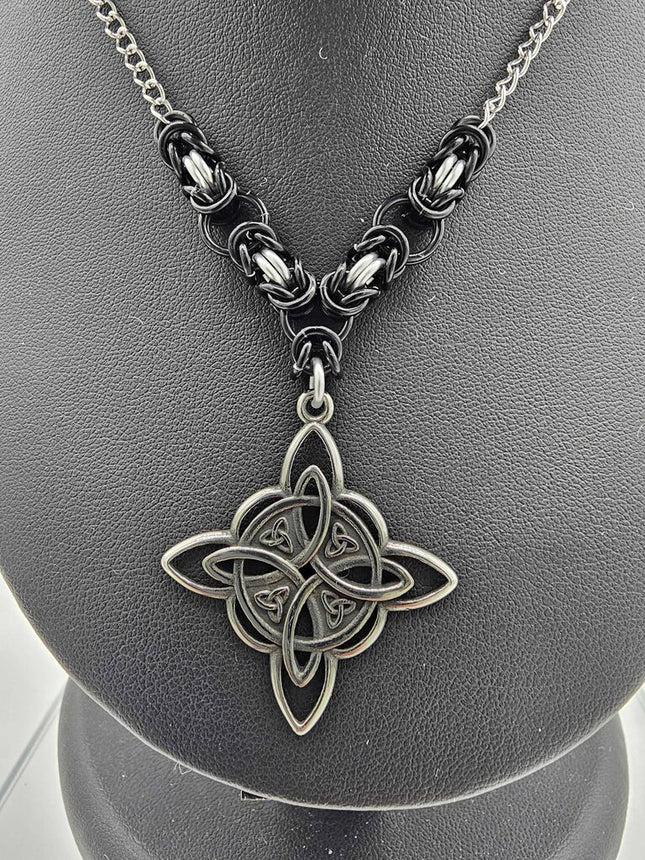 Stainless Steel Witches Knot with Black and Silver Byzantine Links - 16-18 inches
