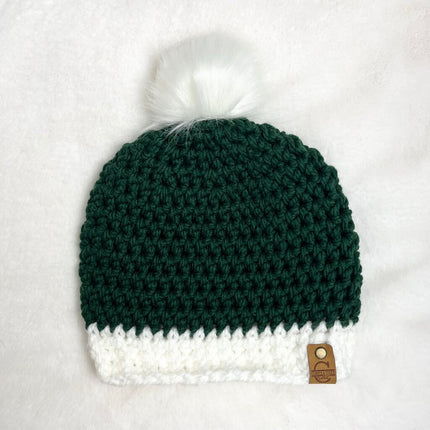 Pom Pom Hat (Adult) - Dark Green with White Brim