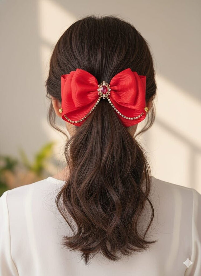 Deep Red Gemstone Holiday Hair Bow