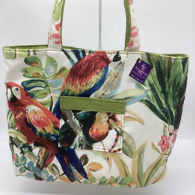 Tropical parrot reversible tote w/ lime green