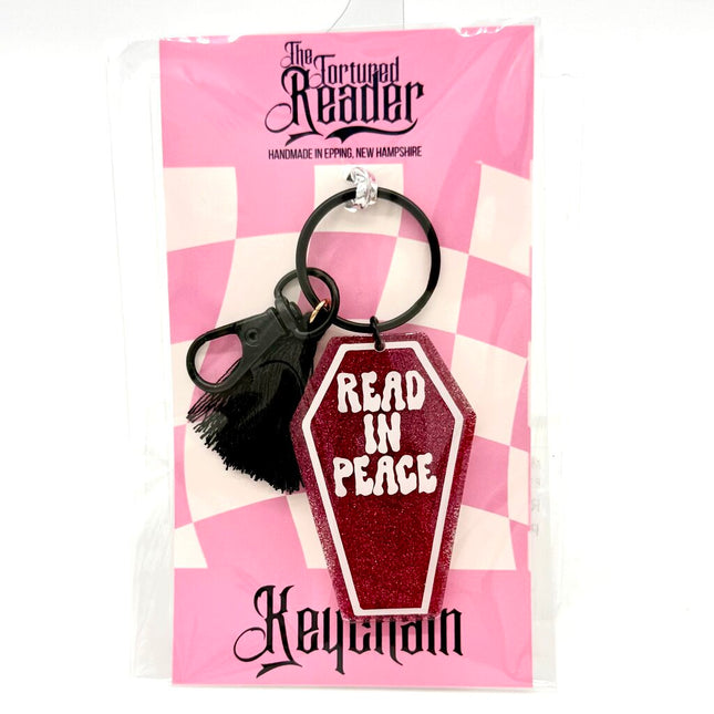 Read in Peace Coffin Keychain, Hot Pink