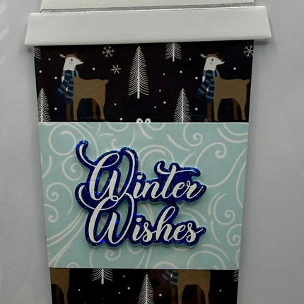 Coffee Cup Gift Card Holder - Winter Wishes Dark Blue Animals w/ Lt Blue Sleeve