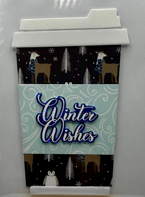 Coffee Cup Gift Card Holder - Winter Wishes Dark Blue Animals w/ Lt Blue Sleeve