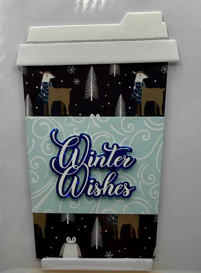 Coffee Cup Gift Card Holder - Winter Wishes Dark Blue Animals w/ Lt Blue Sleeve