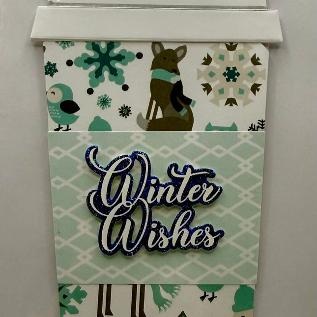 Coffee Cup Gift Card Holder - Winter Wishes White Animals/Snowflakes w/ Lt. Blue Sleeve