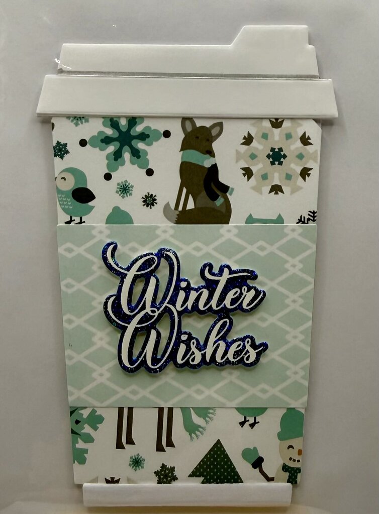 Coffee Cup Gift Card Holder - Winter Wishes White Animals/Snowflakes w/ Lt. Blue Sleeve
