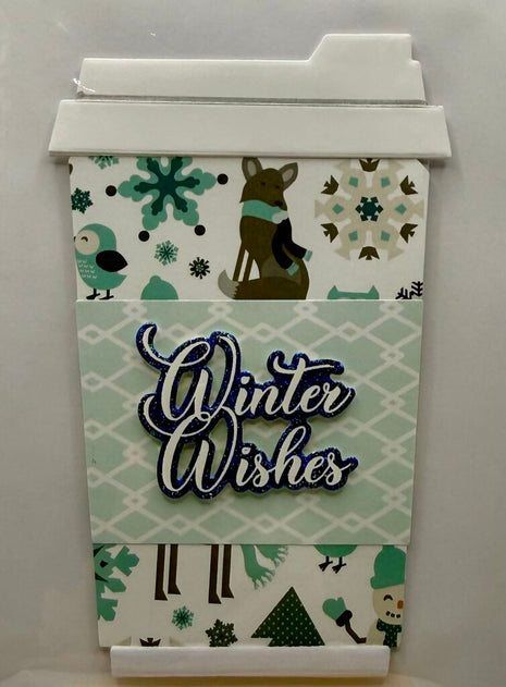 Coffee Cup Gift Card Holder - Winter Wishes White Animals/Snowflakes w/ Lt. Blue Sleeve
