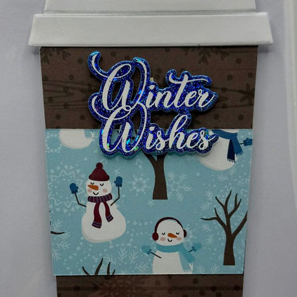 Coffee Cup Gift Card Holder - Winter Wishes Brown w/ Snowmen/Trees Sleeve