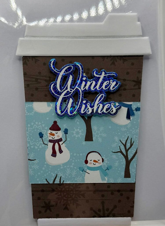 Coffee Cup Gift Card Holder - Winter Wishes Brown w/ Snowmen/Trees Sleeve