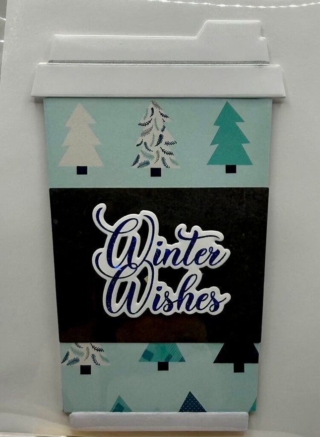 Coffee Cup Gift Card Holder - Winter Wishes Trees w/ Brown Sleeve