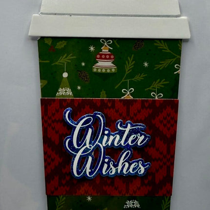 Coffee Cup Gift Card Holder - Winter Wishes Green Gnomes w/ Red Sleeve