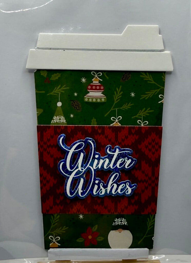 Coffee Cup Gift Card Holder - Winter Wishes Green Gnomes w/ Red Sleeve