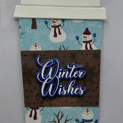 Coffee Cup Gift Card Holder - Winter Wishes Snowmen/Trees w/ Brown Sleeve