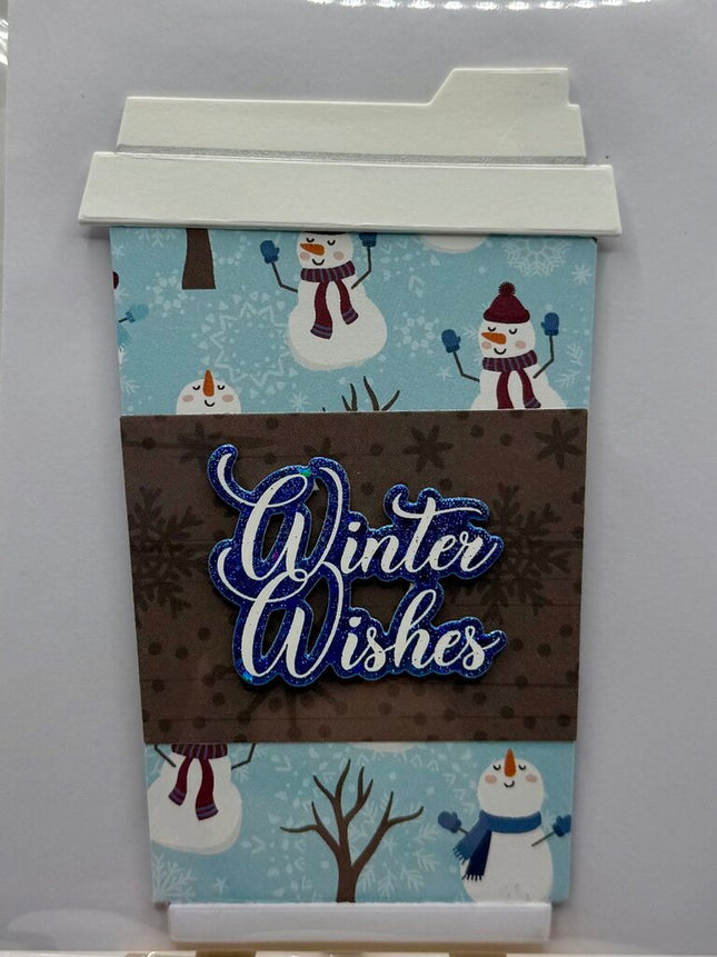 Coffee Cup Gift Card Holder - Winter Wishes Snowmen/Trees w/ Brown Sleeve