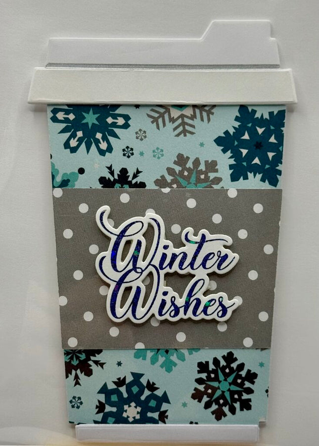 Coffee Cup Gift Card Holder - Winter Wishes Blue Snowflakes w/ Gray Dotted Sleeve