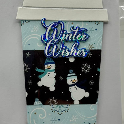 Coffee Cup Gift Card Holder - Winter Wishes Lt Blue w/ Dark Blue Snowmen Sleeve