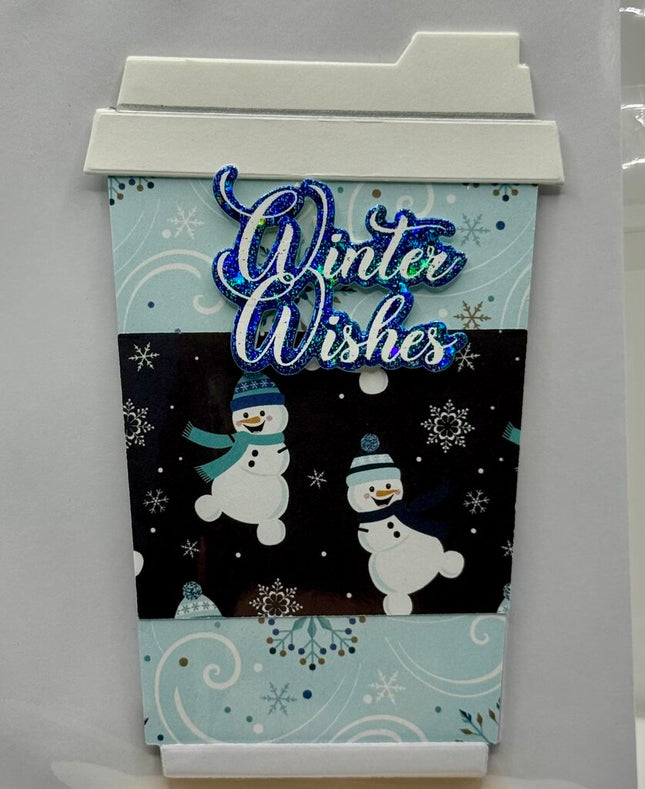 Coffee Cup Gift Card Holder - Winter Wishes Lt Blue w/ Dark Blue Snowmen Sleeve
