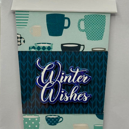 Coffee Cup Gift Card Holder - Winter Wishes Coffee Mugs w/ Dark Blue Sleeve