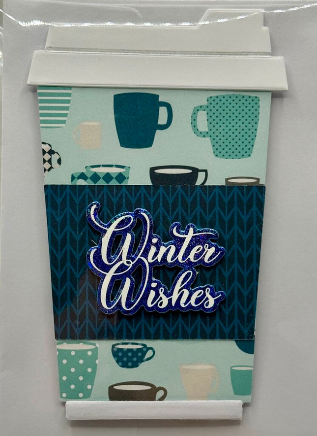 Coffee Cup Gift Card Holder - Winter Wishes Coffee Mugs w/ Dark Blue Sleeve