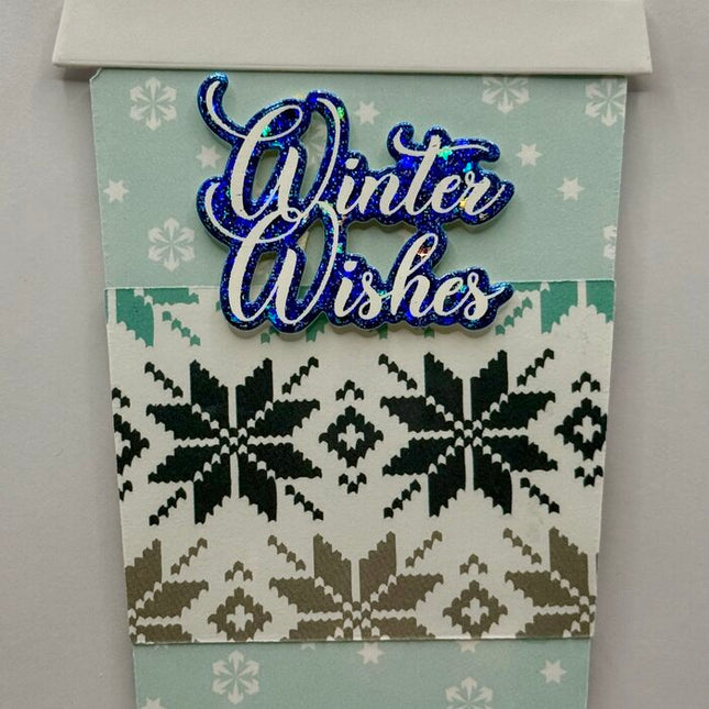 Coffee Cup Gift Card Holder - Winter Wishes Lt Blue w/ Knitted Snowflake Sleeve