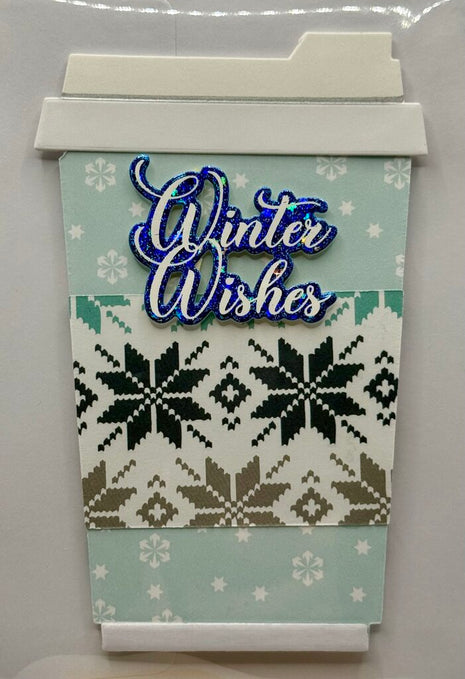 Coffee Cup Gift Card Holder - Winter Wishes Lt Blue w/ Knitted Snowflake Sleeve