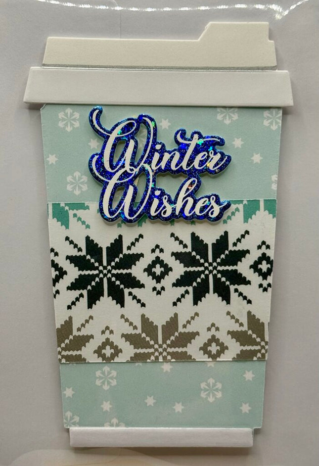 Coffee Cup Gift Card Holder - Winter Wishes Lt Blue w/ Knitted Snowflake Sleeve