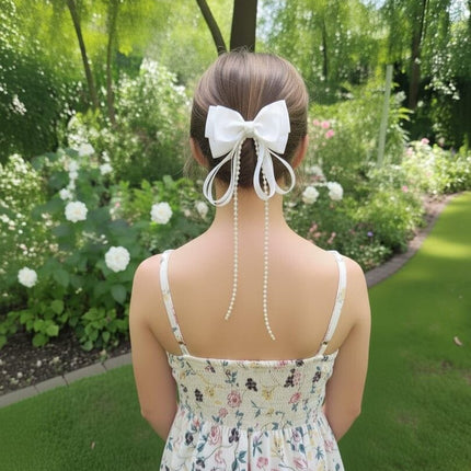 White Bow Hair Clip with Pearls